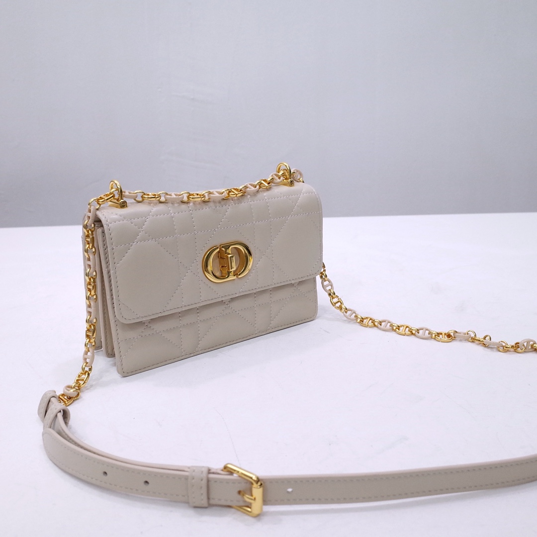 Miss Caro Pouch with Chain Powder Beige Macrocannage Lambskin